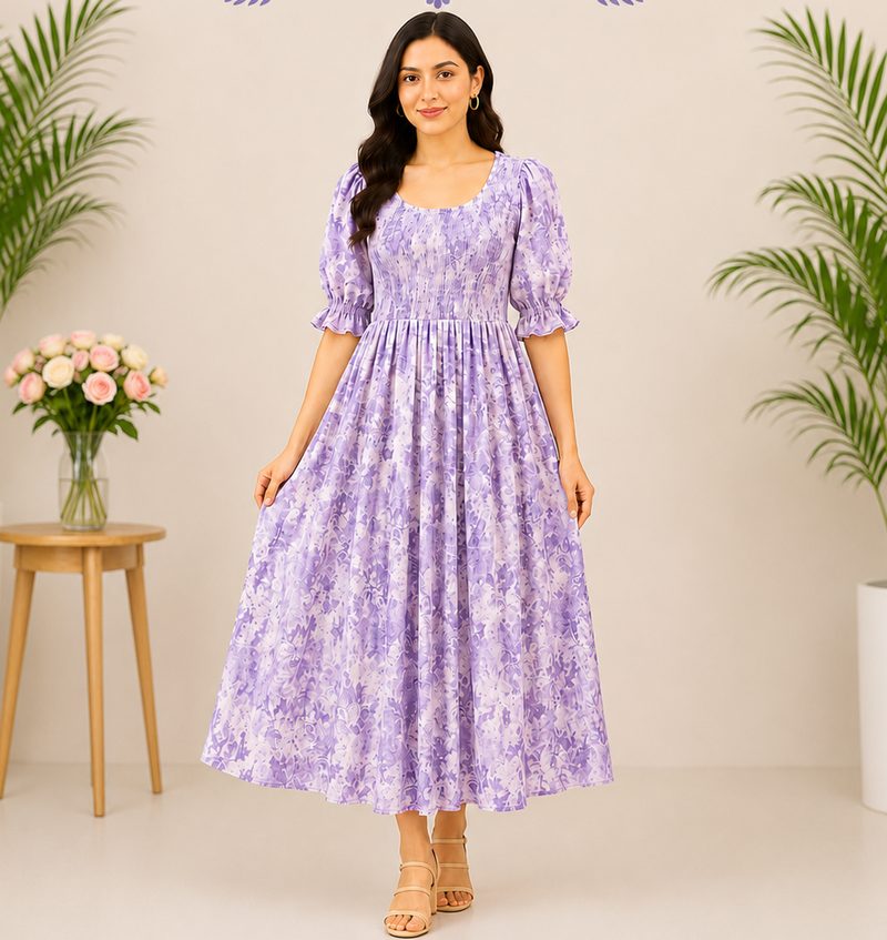 Lavender smocked flared kurti with puff sleeves