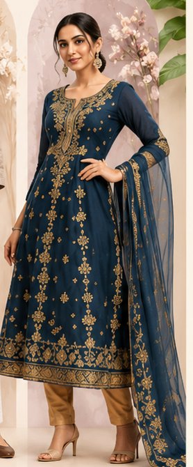 Navy blue designer kurti with gold embroidery and net dupatta