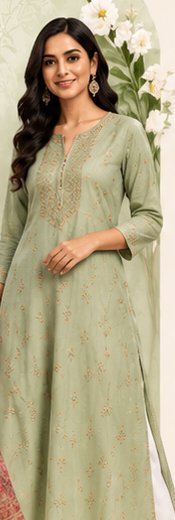 Sage green long straight kurti with fine embroidery and white palazzo